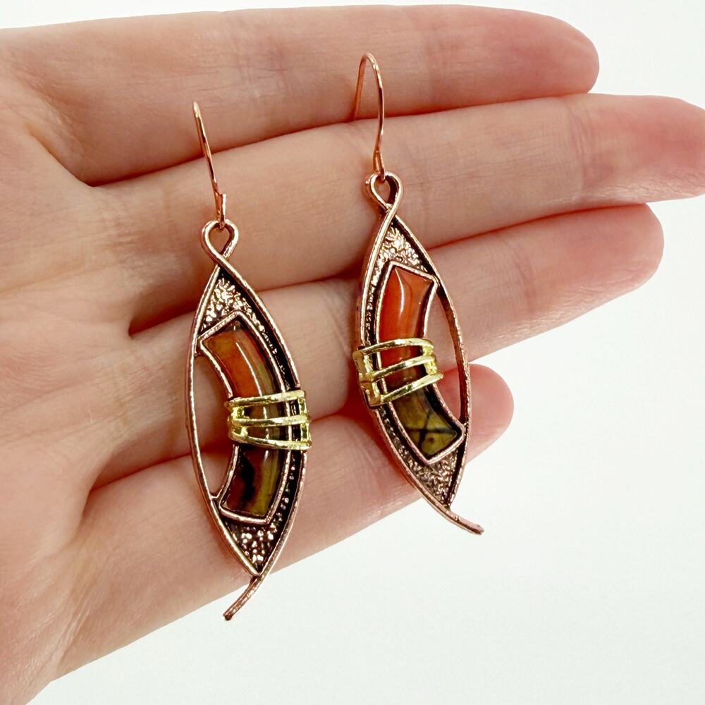 Copper Tone Dangle Earrings | Leaf Shape Wire Wrap Boho Jewelry